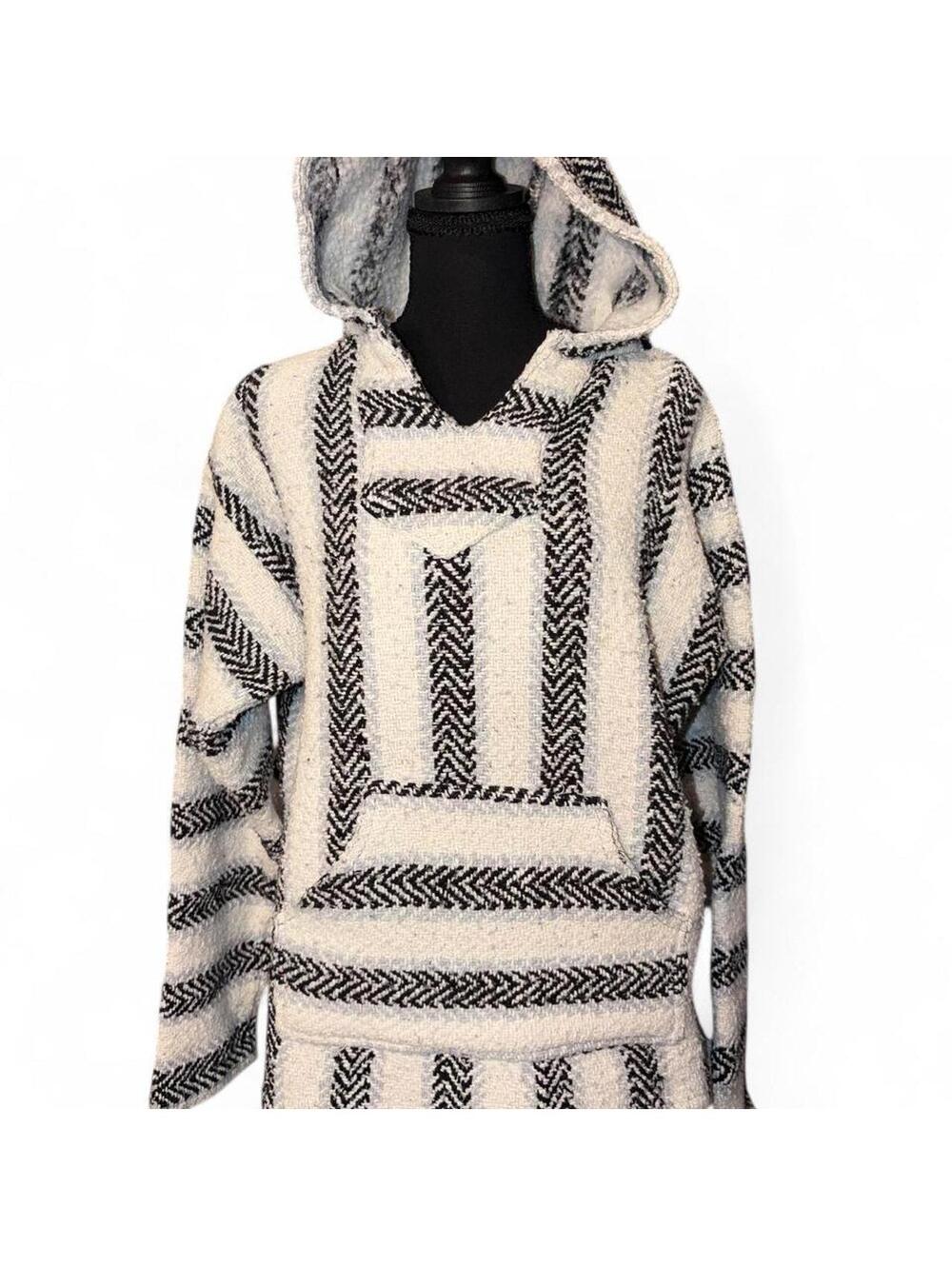 Baja Joe Woven Mexican Baja Hoodie Black White Jerga Drug Rug Pullover - Size S
